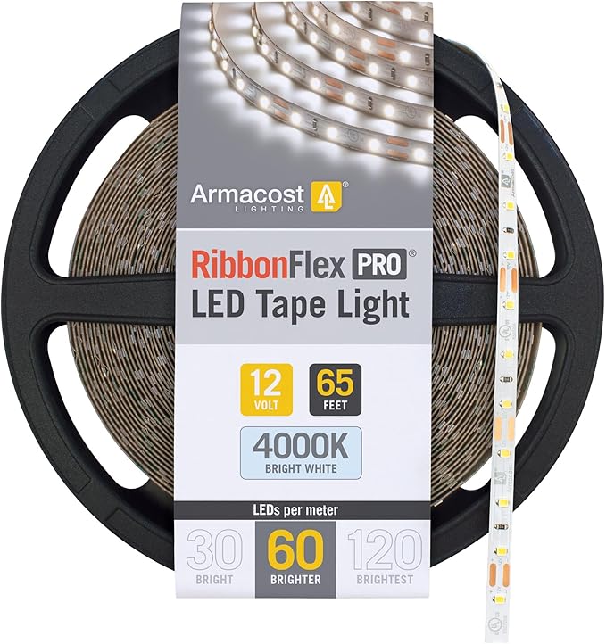 Armacost Lighting RibbonFlex Pro 12V White LED Strip Lights 60 LED/m, 4000K, 65.6 ft, 152260