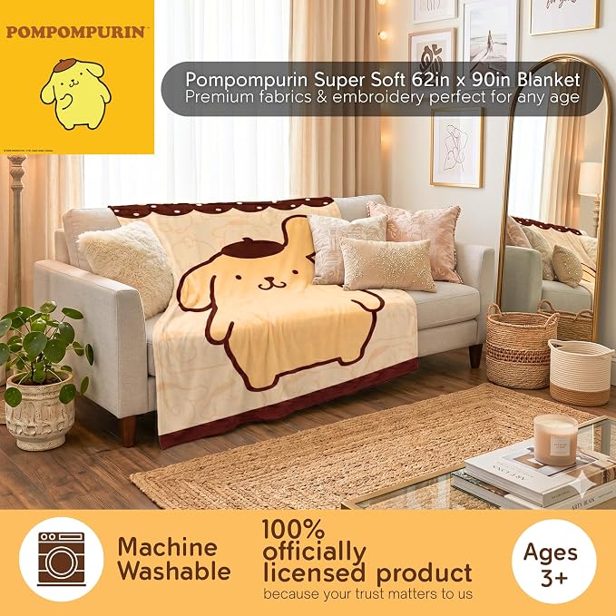 Sanrio Pompompurin My Pom Bedding Plush Blanket 90 in x 62 in – Soft Cozy Throw for Couch, Bed & Travel, Collectible Gift (Officially Licensed Product) by Franco Collectibles®