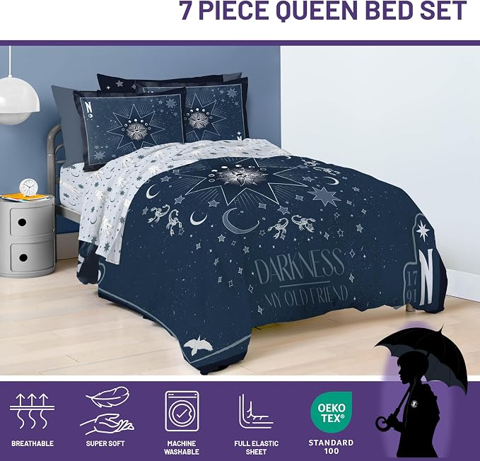 Wednesday Addams Queen Comforter Set 7 Piece Bedding for Girls, Blue | Bed in a Bag, Comforter Sheets Shams Pillowcases, Official Product, Soft Microfiber, Machine Washable, Girls Gift