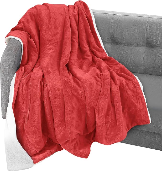 Elegant Comfort Throw Blanket, Reversible Sherpa Flannel, Ultra-Soft, Fuzzy, Cozy and Plush- All Season Lightweight Decorative Throw, 50 x 60 inches, Solid Sherpa Throw, Red
