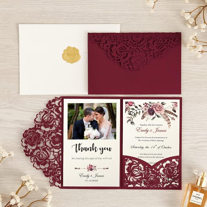 DORIS HOME 50Pcs Personalized Laser Cut Wedding Invitations, Burgundy | 4.7"x7.1", Customized Anniversary Invitations, With Envelopes