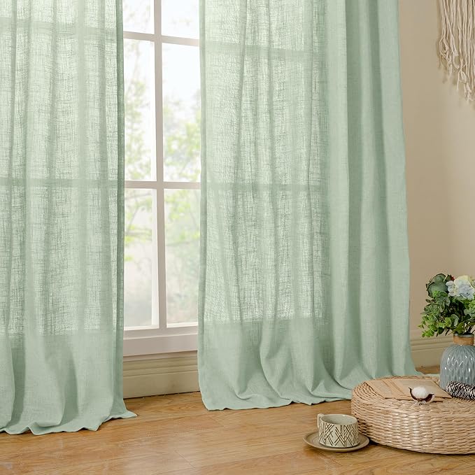 LAMIT Fresh Green Linen Curtains 54 Inch Length, Light Filtering Panels Back Tab and Rod Pocket Neutral Drapes for Living Room/Window/Bedroom, 52 x 54 Inch, 2 Panels