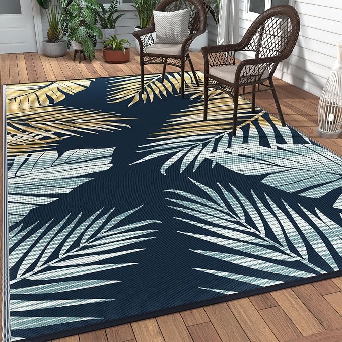 GENIMO Outdoor Rug, Waterproof Plastic Rugs for Patio, 6'x9' Yellow Navy | Outside Larger Leaf Carpet Mat for Porch Decor, Deck, Balcony, Camping, RV, Backyard, Picnic, Beach, Reversible, Foldable