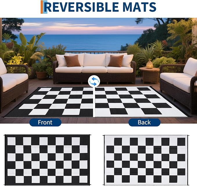 GarveeHome Outdoor Rug 5 x 8 Waterproof Modern Checkboard Plastic Straw Rug, UV-Resistant Outside Woven Camping Rug, Foldable Geometric Plaid Reversible Mat for Backyard, Picnic, Black White