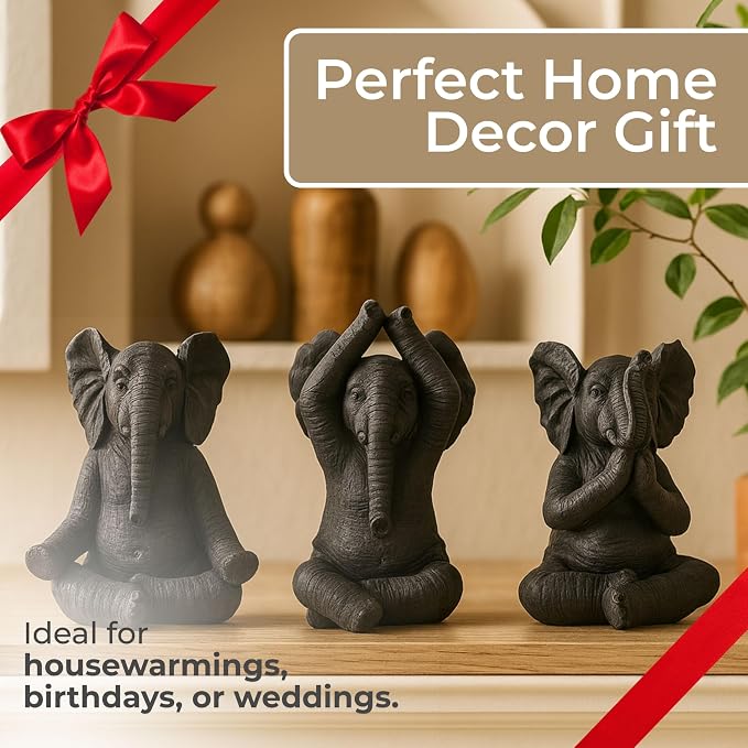 Resin Yoga Elephant Sculptural for Home or Bathroom Decor - Figurine for Shelf, Coffee Table, or Living Room - Ornaments Accent for Office Desk or Entryway - Set of 3, 9", 8", 8", Black