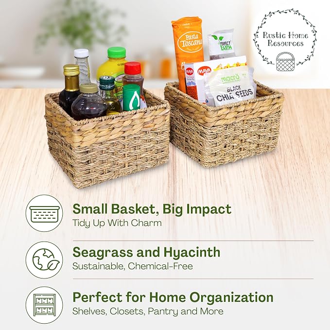 Small Wicker Storage Basket, Set of 2, 8 x 7 x 5.5 Inches | Natural, Woven Baskets for Organizing Living Room, Pantry, Shelves, Wicker, Decorative, Storage, Small
