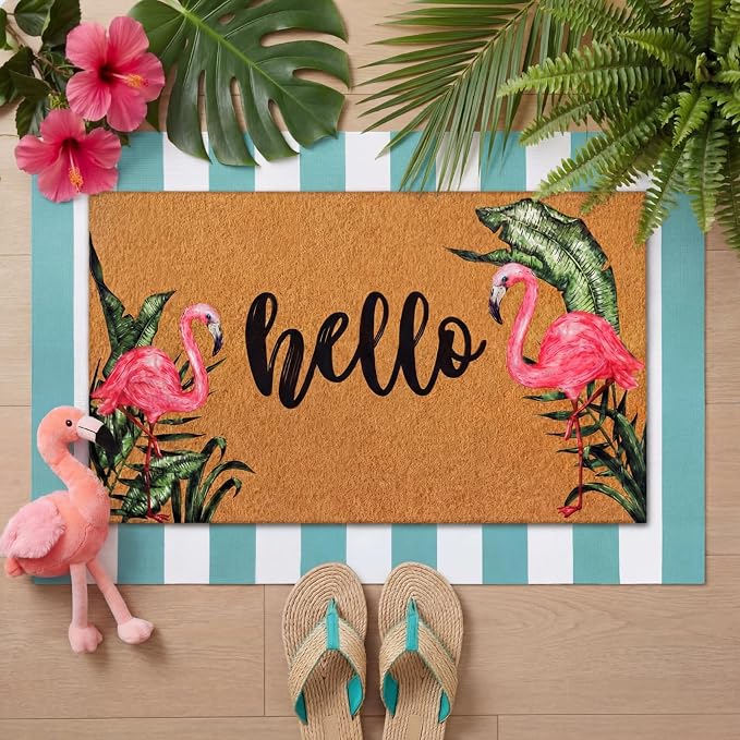 Tinideya 2 Pcs Summer Flamingo Layering Doormats Sets, Tropical Palm Leaves Hello Coir Door Mat with Rug for Porch Entryway Outdoor Decor