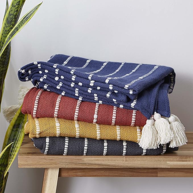DII Striped Throw Collection Cotton Slub, Hand-Tied Tassels, 50x60, Mineral Gray & Off-White