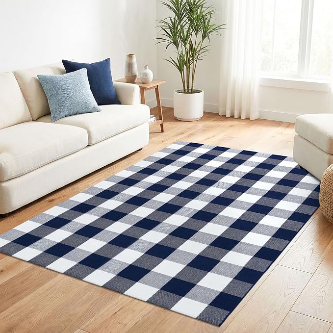 KILOCOCO Buffalo Plaid Checkered Rug 4x6 ft Blue and White Front Door Rug | Machine Washable Front Porch Rug, Outdoor Rugs, Indoor Living Room Rug, Cotton Low Pile Rugs for Kitchen Patio Dining Room
