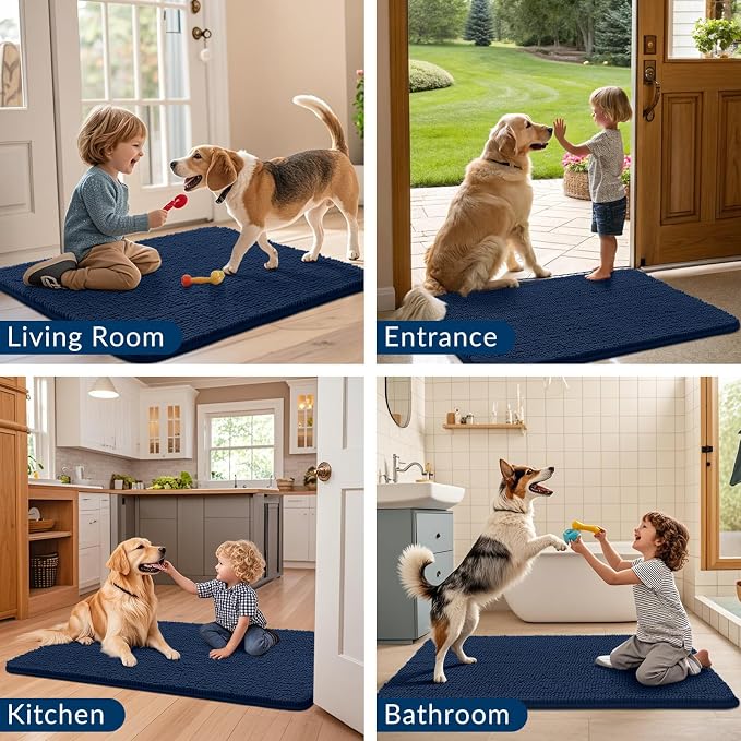 Smiry Dog Door Mat for Muddy Paws 44x32, Absorbent Dirt Trapper, Non-Slip Washable Chenille Entryway Rug for Inside Floor, Dark Blue, Classic Solid