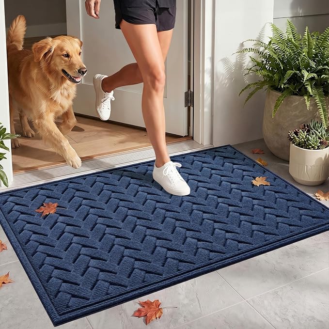 DEXI Front Door Mat Outside Entrance, 17x30 Heavy Duty Entry Doormat Dirt Trapper with Rubber Back, Non Slip Low Profile Floor Mats for Entryway Exterior Patio, Wave Navy