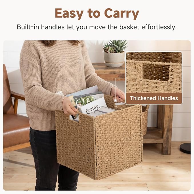 StorageWorks 13 inch Wicker Storage Baskets,Foldable Wicker Baskets,Natural | 2-Pack,Handwoven Organizer Baskets, Wicker Baskets for Organizing,Paper Rope Square Storage Cubes,Square Baskets,Woven Basket