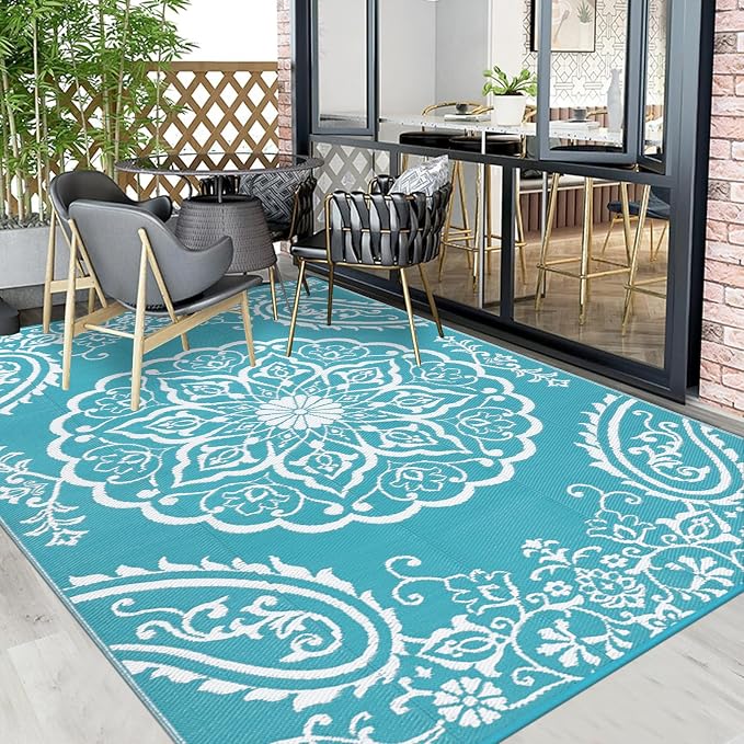 Pauwer Outdoor Rug 10x14, Waterproof Plastic Straw Camping Rug, Boho Teal | Reversible Patio Rug, UV Resistant Indoor Outdoor RV Mat Carpet For Deck, Camper, Porch, Balcony, Backyard, Picnic, Foldable