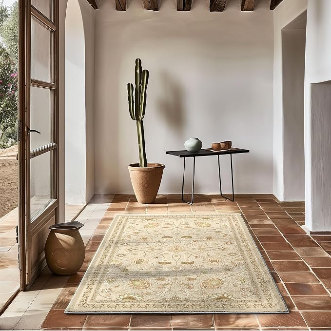 EVERGRACE Area Rugs for Living Room 3x5, Boho Floral Faux Wool Indoor Outdoor Rugs, Washable Rugs for Bedroom Entryway Dining Room Hallyway, Low Pile Floor Mat Carpet for Home Decor, Natural Beige