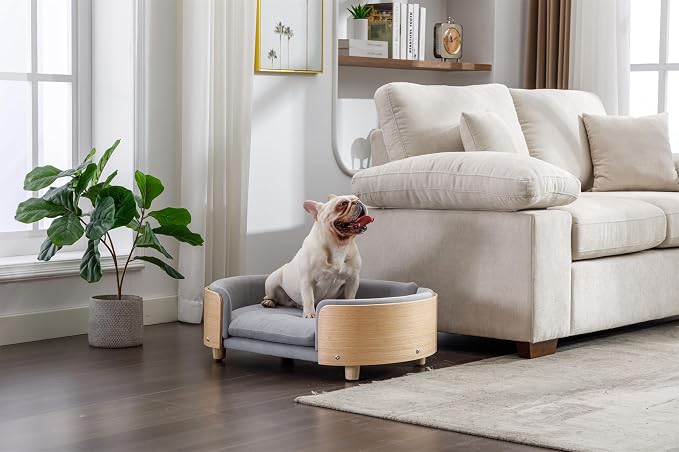 Pet Sofa Bed for Small Medium Dogs Cats, Removable Washable Plush Cushion Elevated Anti-Slip Durable Pet Couch Lounge Furniture for Living Room Bedroom (Light Gray, Medium)