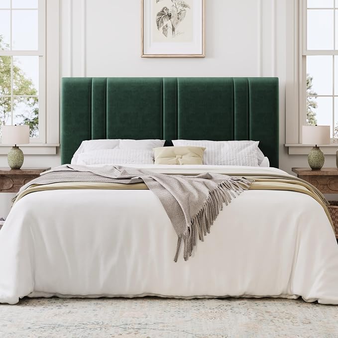 SHA CERLIN Full Size Velvet Bed Frame with Adjustable Headboard, Green | Vertical Channel Tufted Design, Upholstered Platform Bed, Wood Slats Support/No Box Spring Needed/Easy Assembly