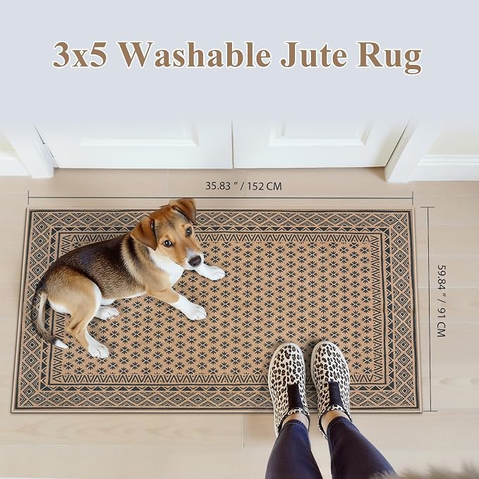 LIVEBOX Easy Jute Indoor Outdoor Rug 3x5 Front Porch, Black Washable Rugs for Entryway, Non Slip Tan Farmhouse Area Rug for Living Room, Carpet Door Mat for Entry Front Door, Patio, Kitchen, Bedroom