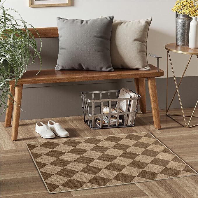 EDIMENS Checkered Easy Jute 2x3 Entryway Rugs Front Door Mat Entry Rug | Non Slip Small Area Rug Kitchen Mat Checkered Rug Farmhouse Low Pile Washable Brown Indoor Outdoor Doormat for Porch Doorway