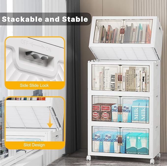 UAMFURI Stackable Storage Bins with Lid, 208QT Plastic Cabinet with Wheels | Large Capacity, Magnetic Door, Stack Lock, Rolling Wheels, Foldable Design, Organizers and Storage for Bedroom Dorm Garage