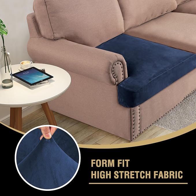 H.VERSAILTEX Stretch Velvet 3 Piece T Cushion Sofa Slipcovers Individually Sofa Cushion Covers for 3 Cushion Couch Seat Cushion Covers for Sofa Seat Cushion Covers Stay in Place(Sofa, Navy)