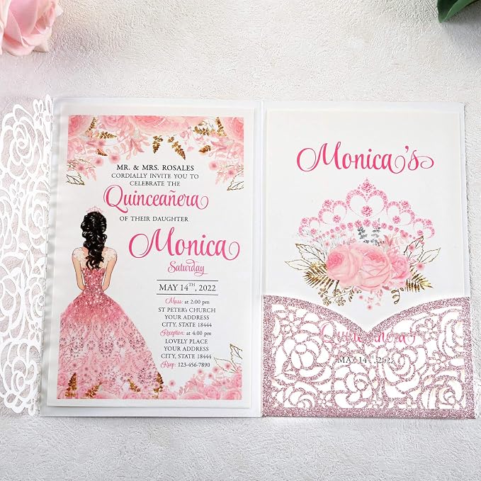 50PCS Personalized Rose Gold Quinceanera Invitation Cards | 4.7x7 inch, Laser Cut Hollow Rose Pocket, Miss XV, Sweet 16, 18th Birthday, Quince Invite, with Envelopes