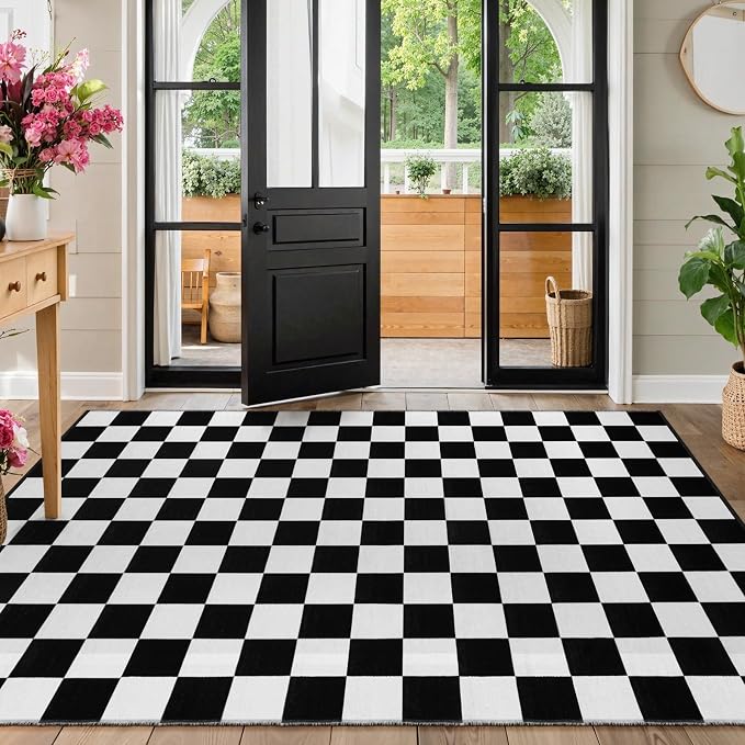 Seavish Washable 4x6 Ft Black and White Checkered Outdoor Porch Rug | Cotton Woven Checkerboard Rug, Low Pile Foldable Floor Cover Indoor Carpet for Living Room Bedroom Dining Room Patio