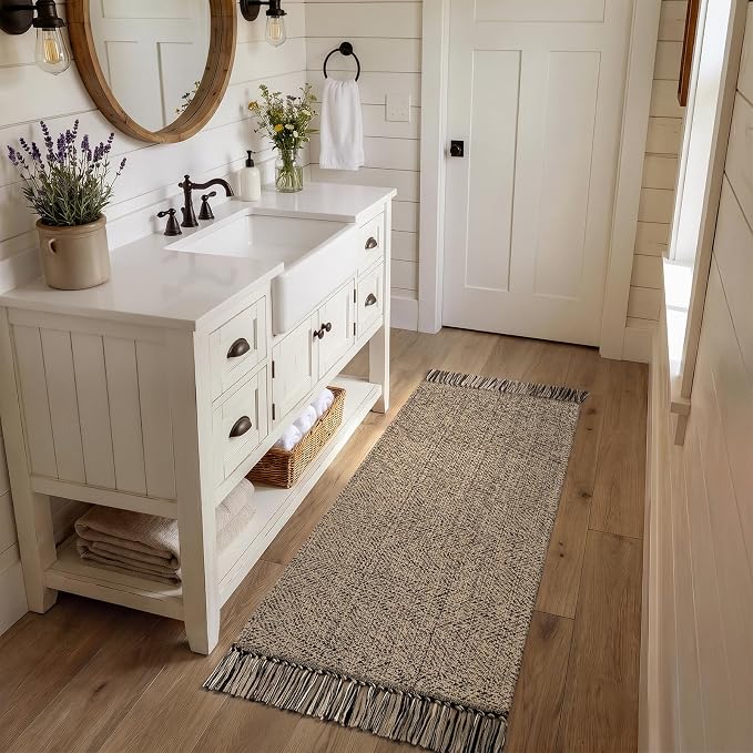 Collive Bathroom Runner Rug, 2' x 5' Modern Farmhouse Kitchen Runner Rug Boho Hand-Woven Entryway Rugs Runners for Hallway, Natural/Black Washable Laundry Carpet Indoor Front Door Mats for Bedroom