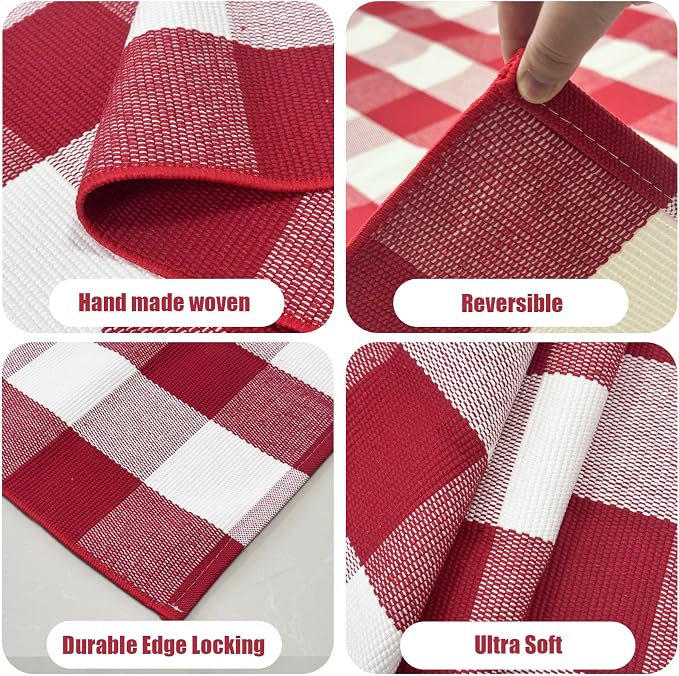 USTIDE Buffalo Plaid Outdoor Rug 4' x 6' Red and White Check Christmas Check Indoor Area Rug Washable Cotton Woven Rug Layering Rug for Welcome Door Mat Farmhouse Front Porch Entryway