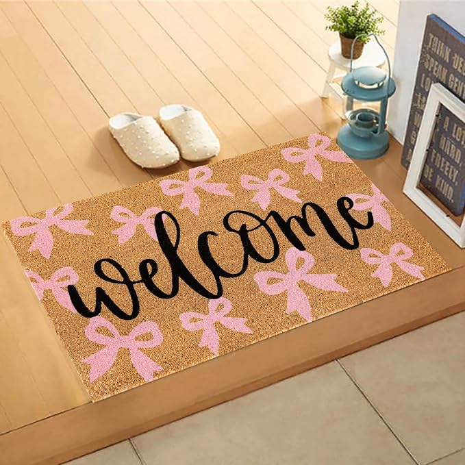 JarThenaAMCS Pink Bow Natural Coir Door Mat Cute Ribbon Bowknot Welcome Floor Mat Non-Slip Entrance Door Rugs for Indoor Outdoor Home Bathroom Decor, 16.5 x 29 Inch