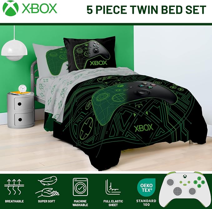 Jay Franco Kids Comforter Set Includes Sheets and Pillow Covers - Soft and Cozy Bed Set for Stylish Room Decor, Official Licensed Product, White - Xbox, 5 Piece Twin