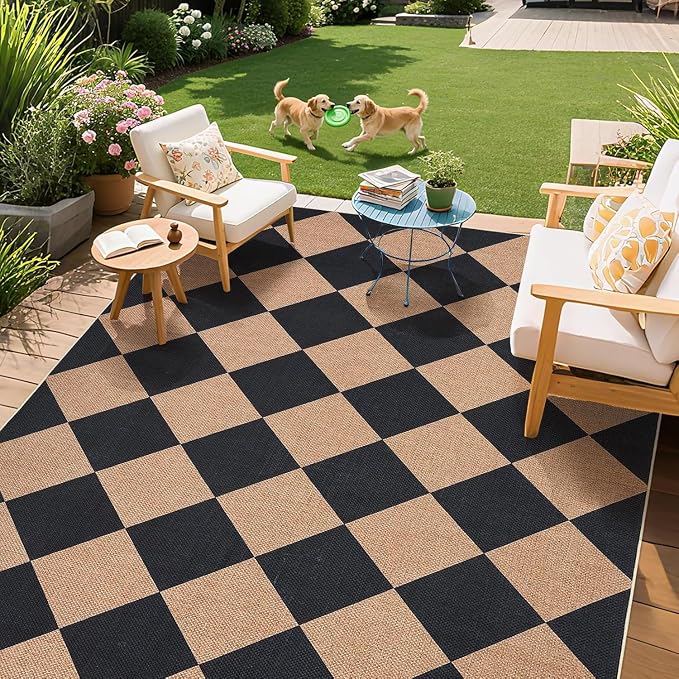 COZYLOOM Washable Rug 6x9 Outdoor Patio Rug Modern Diamond Pattern Easy Jute Rugs with Non Slip Backing, Stain Resistant Contemporary Foldable Mats for Bedroom Dining Room RV, Brown