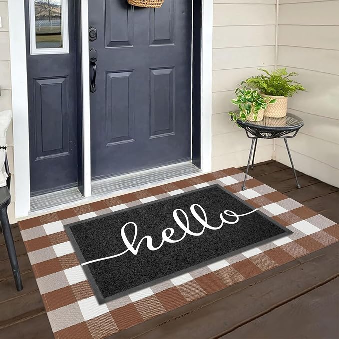 KILOCOCO Buffalo Plaid Checkered Rug 3x5 ft Brown and White Front Door Rug | Machine Washable Front Porch Rug, Outdoor Indoor Entryway Rug, Cotton Layered Doormat, Low Pile Rugs for Kitchen Patio