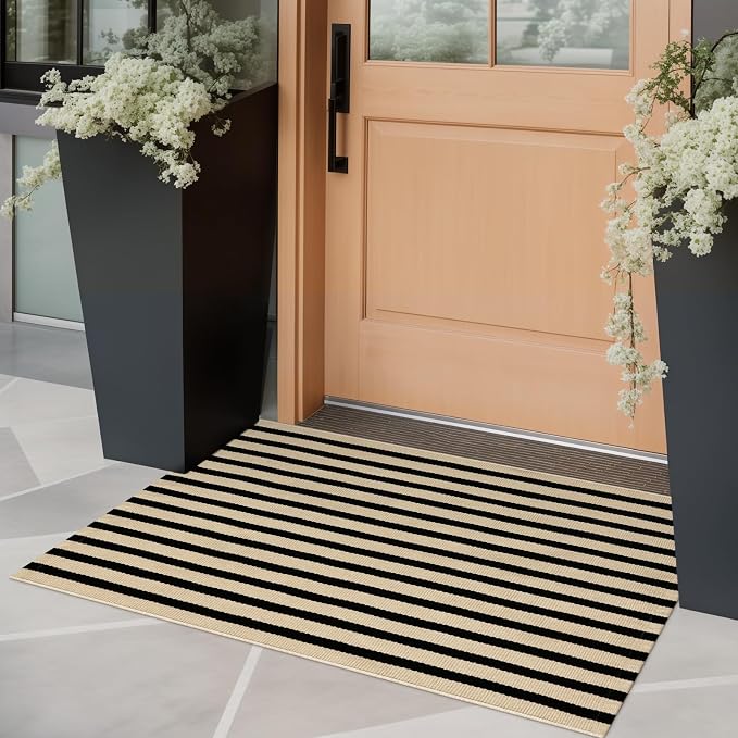 OJIA Front Door Mat Outside Entrance 24"x35" Front Door Rug Porch Rug Decor | Woven Washable Striped Outdoor Rugs Entryway Rugs Indoor Small Area Rug for Kitchen/Entry, Tan and Black Outdoor Doormat