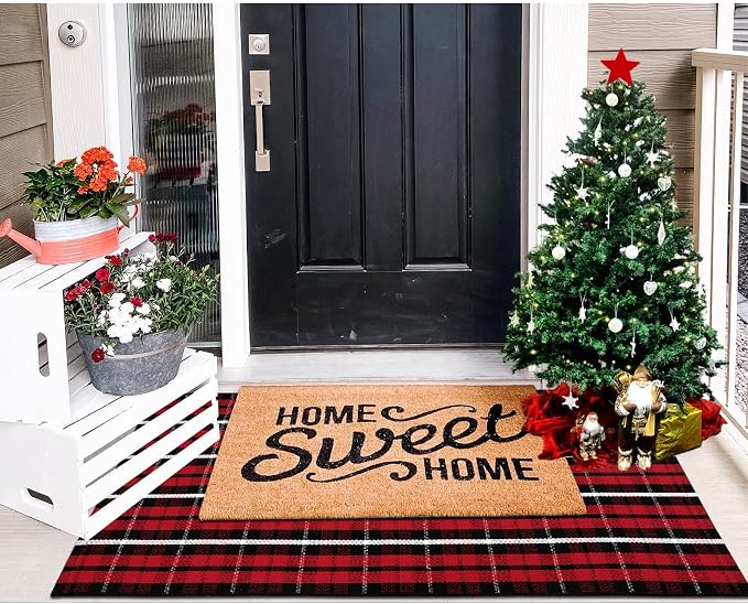 Christmas Front Door Mat Outdoor 2'X4.3' Red Plaid Porch Rug Welcome Mat | Buffalo Outdoor Rug Machine Washable Kitchen Rug Entryway Carpet Layered Door Mats Indoor Cotton Area Rug Runner for Bedroom