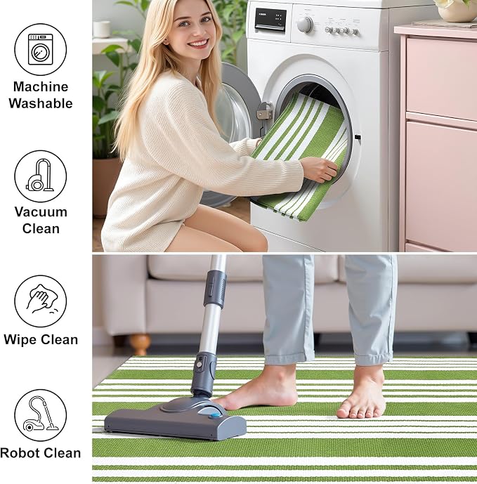OLANLY Green and White Classic Striped Rug 2' x 4'3" (24" x 51") – Washable Cotton Indoor Outdoor Doormat for Front Door, Entryway, Kitchen, Porch, Patio Decor