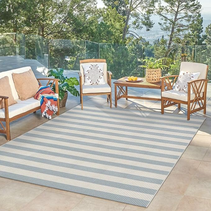 LEEVAN 5x7 Outdoor Striped Rugs for Patio Washable Coastal Blue Balcony Rug | Blue and White Backyard Rug, Spring Plaid Outside Entrance Floor Porch Mat, Indoor/Outdoor Layered Mat for Deck/Pool/Camping