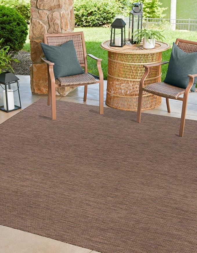 Unique Loom Outdoor Solid Collection Area Rug (7' 10" Square Light Brown/Ivory)