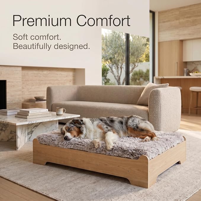 Elevated Wooden Dog Bed with Foam Mattress, Natural Wood, Medium | Raised Dog Bed with Washable Cover and Supportive Foam Mattress, Crafted for Medium Dogs and Modern Homes