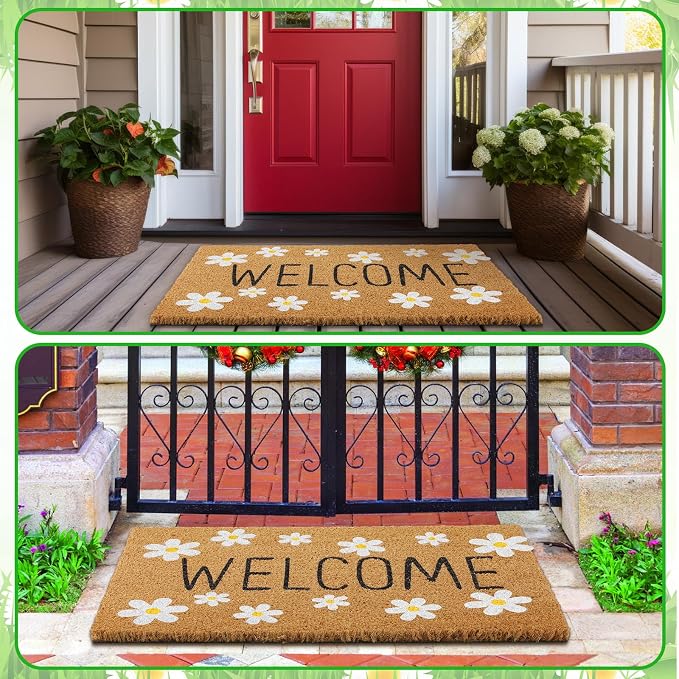 Ceenna Spring Daisy Welcome Doormat Outdoor Spring Flower Coir Door mat with Non Slip Backing White Daisy Flower Front Door Mat Front Porch Rugs for Home Entrance, 16 x 28 Inches