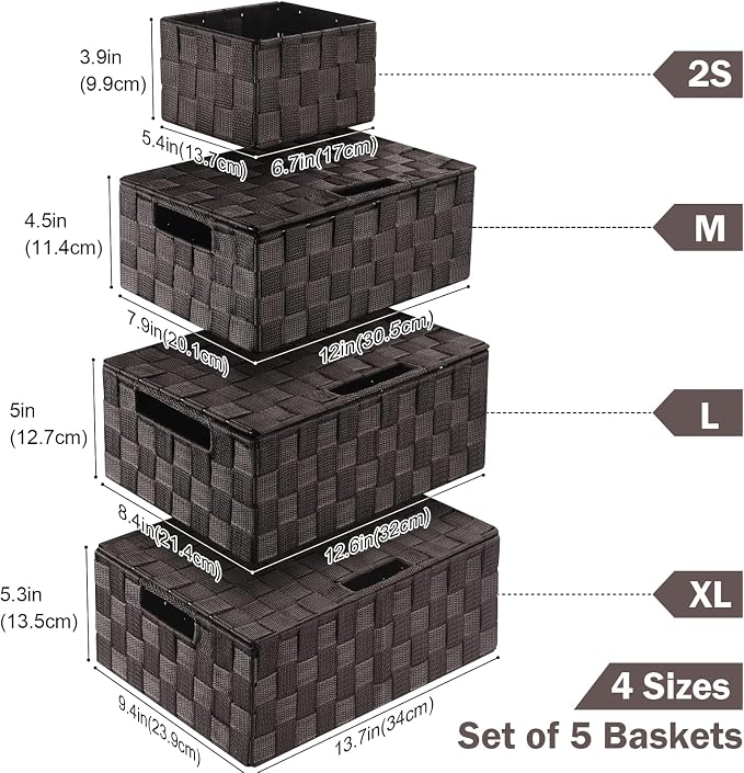 Storage Baskets with Lids: 5 Pack Stackable Woven Storage Bins, Brown | Decorative Woven Baskets for Organizing with Built-In Handles for Shelves, Closets, Cabinets and Cubbies, Gift Small Basket