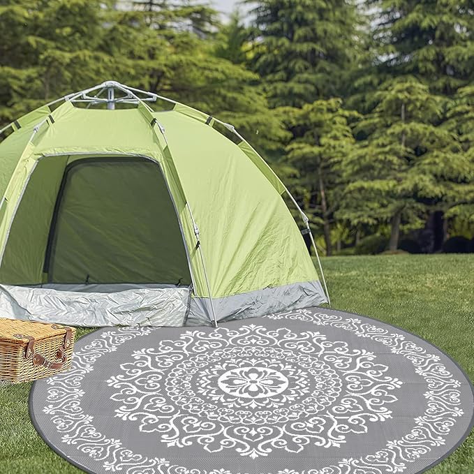 Pauwer Outdoor Rug 8ft, Waterproof Plastic Straw Camping Rug, Floral Grey | Reversible Patio Rug, UV Resistant Indoor Outdoor RV Mat Carpet For Deck, Camper, Porch, Balcony, Backyard, Picnic, Foldable