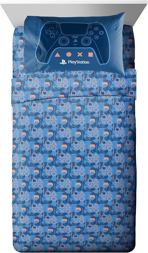 Jay Franco Kids Bed Set, Blue, PlayStation, 5 Piece Twin | Cozy Soft Bedding for Stylish Room Décor with Comforter, Sheets & Pillow Covers