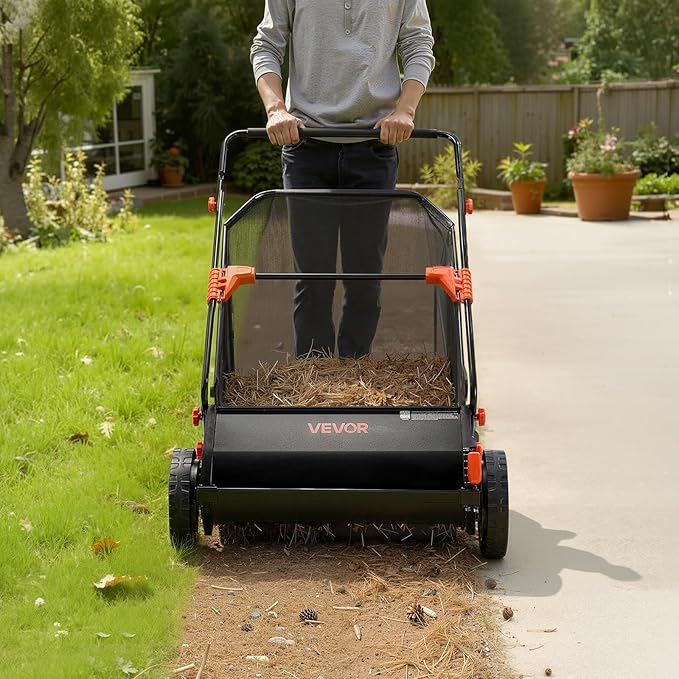 VEVOR Push Lawn Sweeper 26 in Leaf & Grass Collector 7 cu. ft. Hopper Bag | Heavy Duty Yard Sweeper with Adjustable Brush Height, Spinning Brushes, Rubber Wheels for Leaves Grass Cleanup, Black/Orange