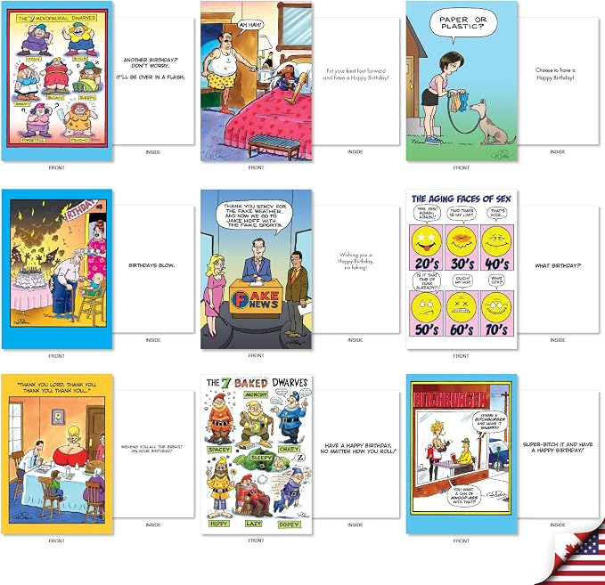 NobleWorks 36 Assorted Box Set Birthday Greeting Cards w/ 5 x 7 Inch Envelopes for Men and Women (36 Designs, 1 Each) Bday Collins' Guy Humor AC10615BDG-B1x36