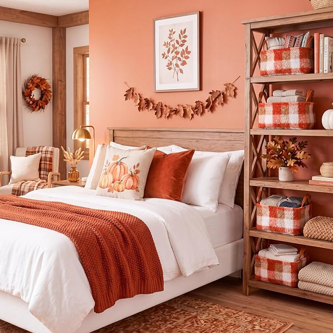 2 Pcs Orange Checkered Storage Basket 14x10'' Fall Gift Baskets | Back to School Gift, Plaid, Foldable, Fluffy Boucle, Laundry, Closet Organizer Bin with Handle, Autumn, Home Tabletop Car