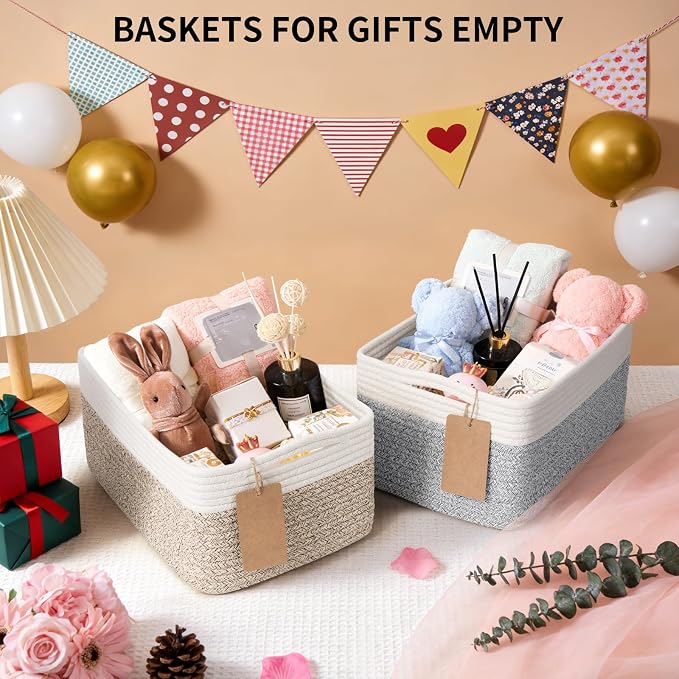 Goodpick 4 Pack Cotton Rope Storage Baskets with Handles, Black | 13" x 8" x 6", Rectangle Design, Shelf Organization, Closet Storage, Baby Toys, Books, Nursery Essentials & Decor