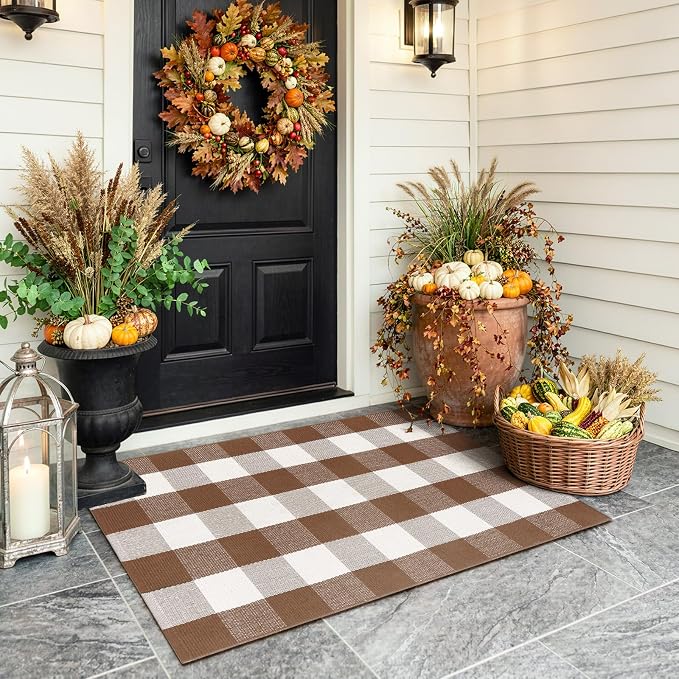 Uphome Bufflo Plaid Outdoor Rug 27.5"x43", Fall Decor Checkered Front Door Mat, Indoor Outdoor Farmhouse Cotton Porch Rug for Layered Door Mats, Washable Brown Area Rugs for Patio Entryway