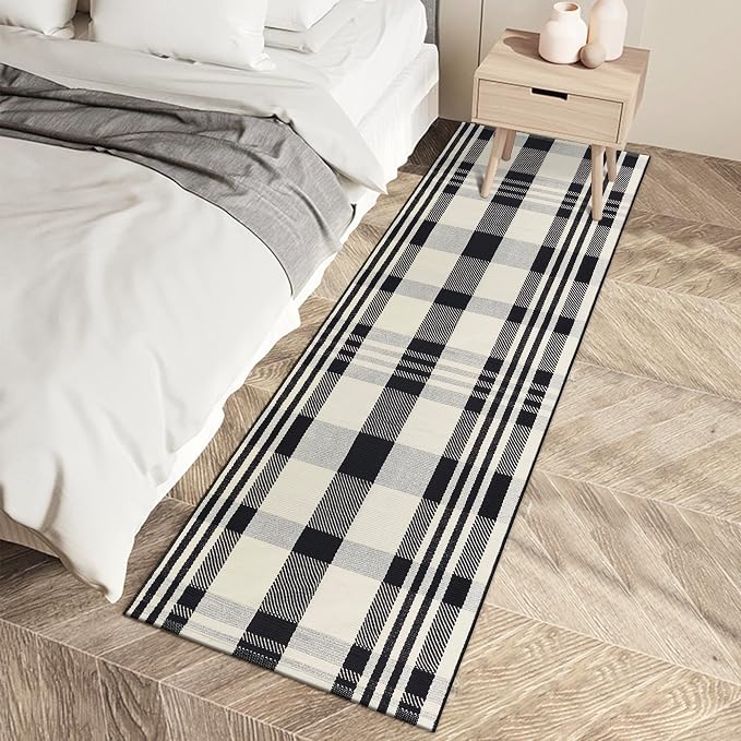 Buffalo Plaid Runner Rug Black and Off White 2x6 Hallway Runner Rug Cotton Woven Rug Farmhouse Checkered Runner Rug Washable Runners for Entryway Kitchen Laundry Room Bedroom Living Room