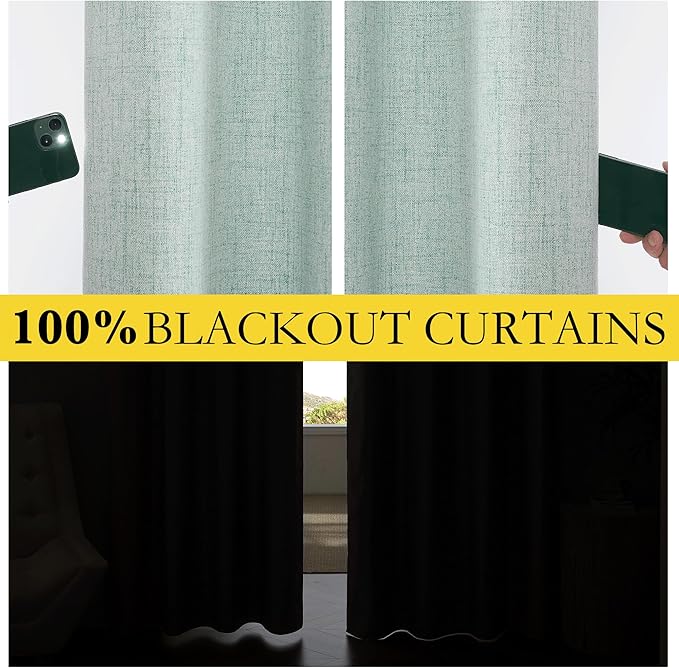 NICETOWN 100% Absolutely Blackout Linen Curtains with Thermal Insulated White Liner, Seafoam Green, 52" Wide, 90" Length Energy Saving Curtains for Living Room 2 Panels Set, Vertical Blinds