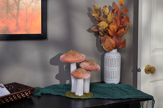 Primitives by Kathy Mushroom Trio Sitter, pink foam mushrooms uniquely detailed/velvet glitter accents/natural foliage detail base/nature themed home accent for seasonal/everyday/garden decor/gfitable